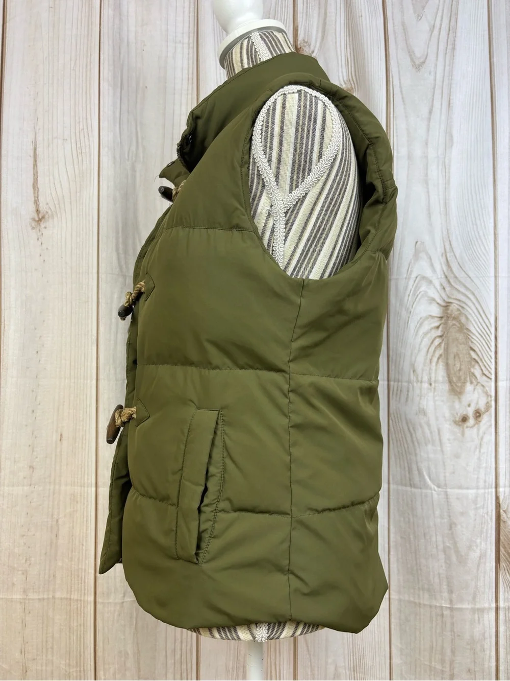J. Crew Vintage Down Puffer Vest Toggle Rope Closures Preppy Cozy Green Sz Small